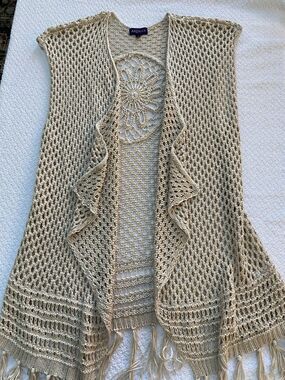 Artesia Crochet Knit Vest Medallion Back Fringe Trim Natural Beige Boho Medium